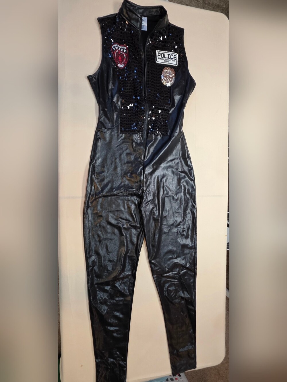 Spirit Police Officer Costume Black Sequin Jumpsuit Catsuit Size M